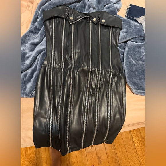 Fashion Nova Black Strapless Faux Leather Zipper Mini Dress - Picture 6 of 6